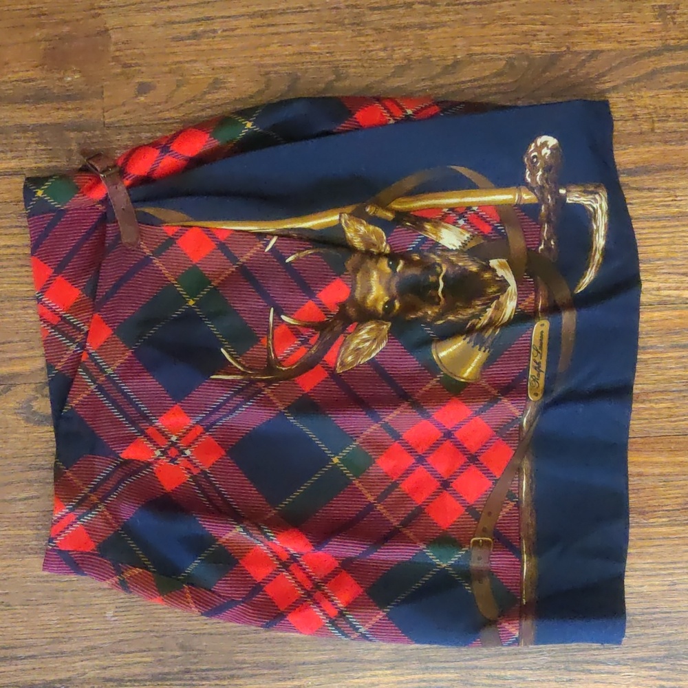 Vintage Ralph Lauren Plaid Red Navy Lined Wool Skirt Deer Motif 10